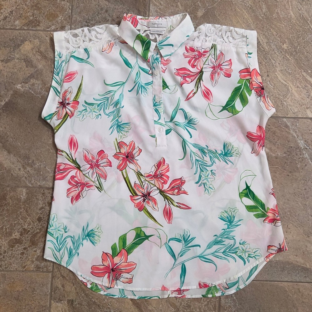 Van Heusen Womens L Floral‎ Sleeveless Blouse Lace Shoulder Tropical Top White